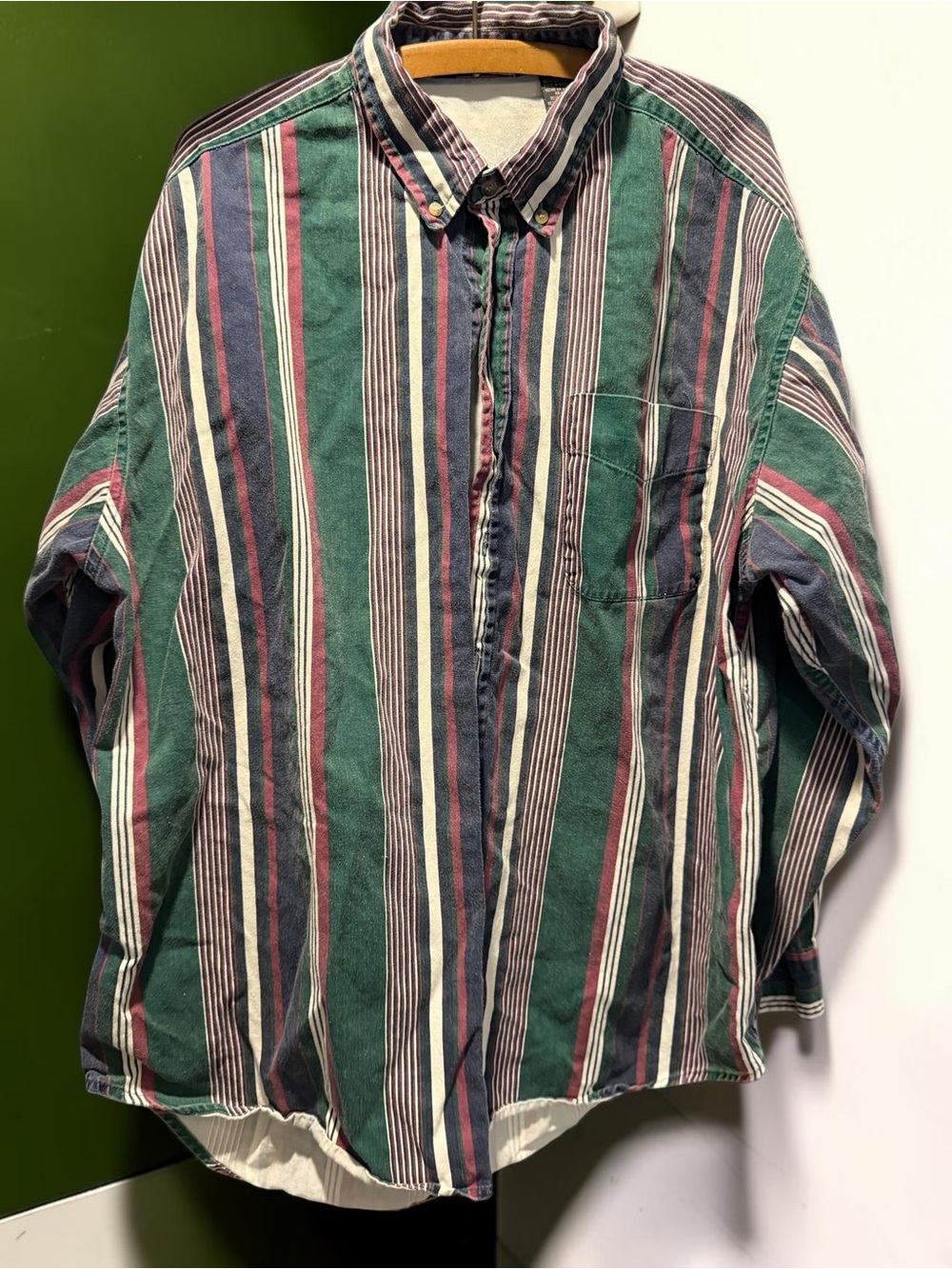 J.J. Morley Striped Button Down Shirt XL Green Navy 100% Cotton Vertical